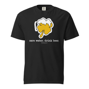 Black t-shirt with a beer mug shamrock graphic and the text "save water. drink beer."