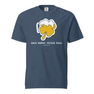 Blue t-shirt with a shamrock beer mug design and the phrase "save water. drink beer."