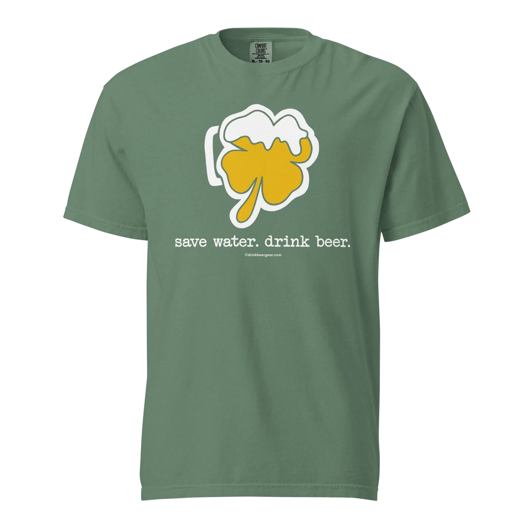 Olive green t-shirt featuring a shamrock beer mug design and the text "save water. drink beer."