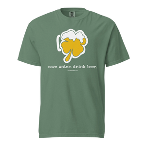 Olive green t-shirt featuring a shamrock beer mug design and the text "save water. drink beer."
