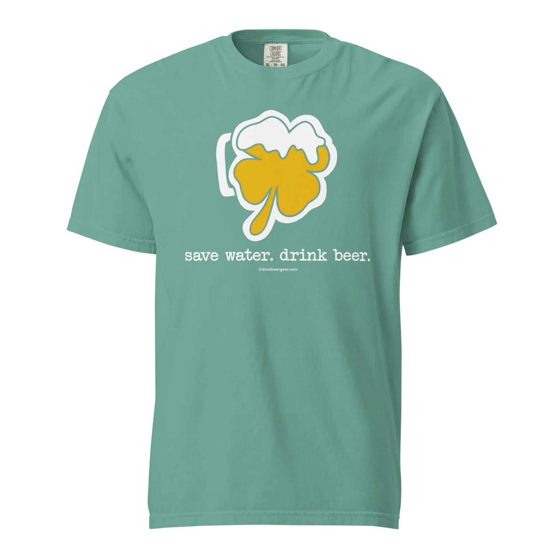 Seafoam green Comfort Colors t-shirt with a shamrock beer mug graphic and the saying "Save water. drink beer."