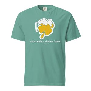 Seafoam green Comfort Colors t-shirt with a shamrock beer mug graphic and the saying "Save water. drink beer."