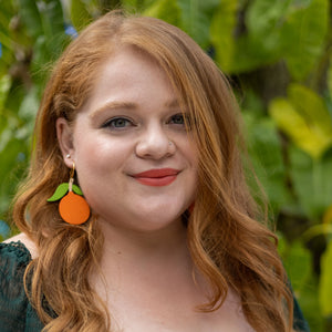 Additional view of Tangerine Hoop Earrings hand painted on lightweight wood by LE CHIC MIAMI