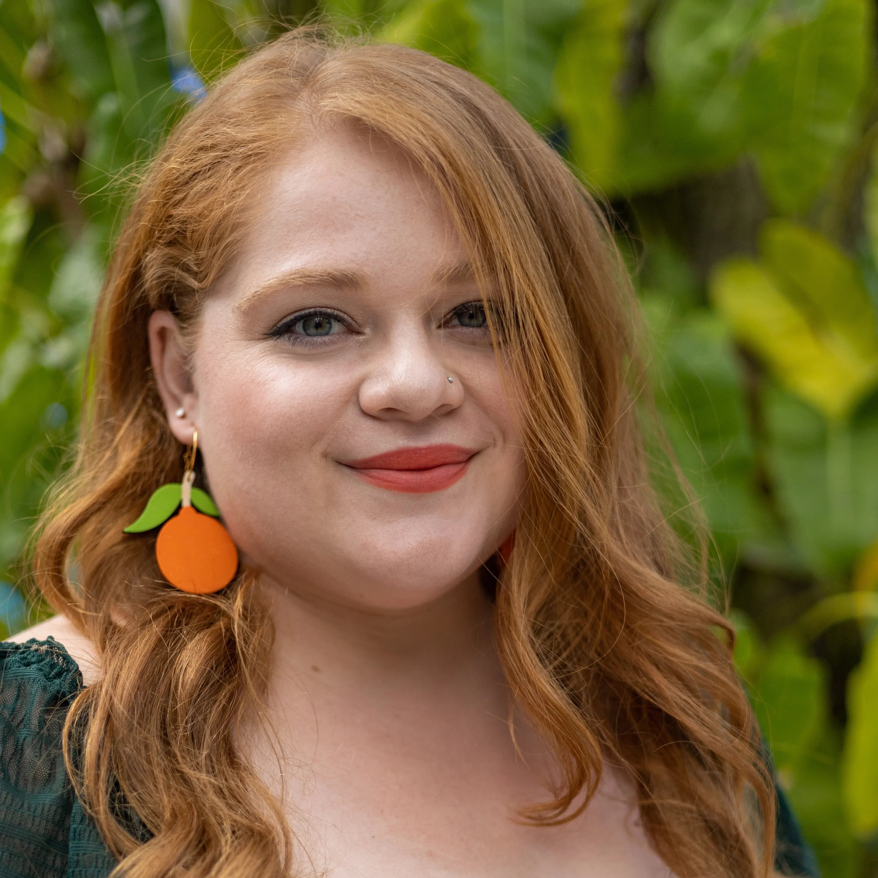 Additional view of Tangerine Hoop Earrings hand painted on lightweight wood by LE CHIC MIAMI