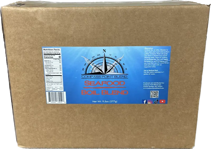 Compass Point Seafood Boil Blend: 9.5oz Box. Delicious seafood seasoning for shrimp, crab, and crawfish. Enhance your cooking today!