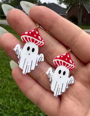 Shroomy Ghost Earrings: Handmade Mississippi mushroom ghost earrings by Mushroom Lady Co. Halloween jewelry, unique whimsical cute.