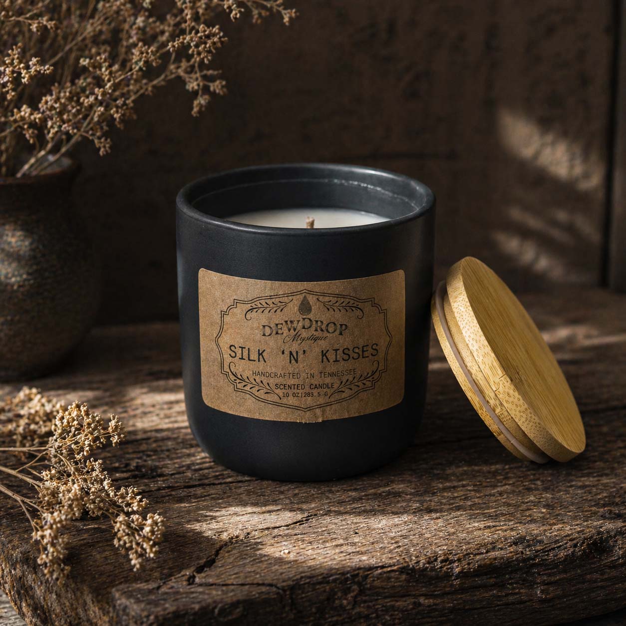 Silk ’n’ Kisses 10oz Candle by Dewdrop Mystique LLC, scented candle main product photo