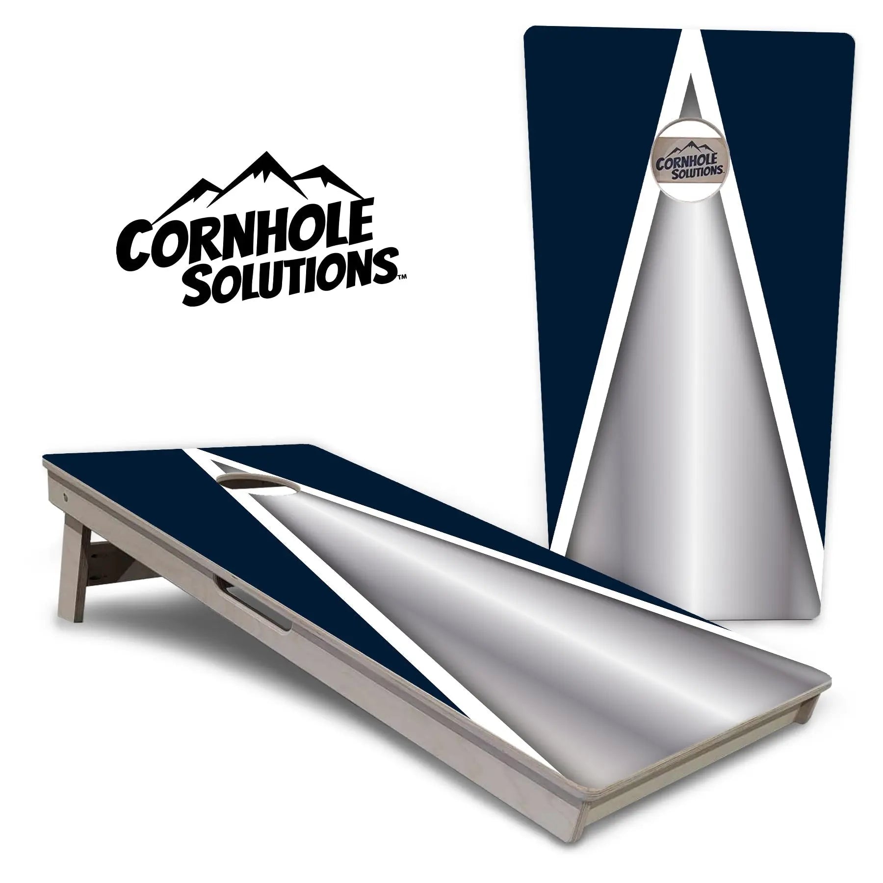 Silver/Blue Triangle Cornhole Boards - Professional Tournament Series by Cornhole Solutions, custom cornhole board main product photo