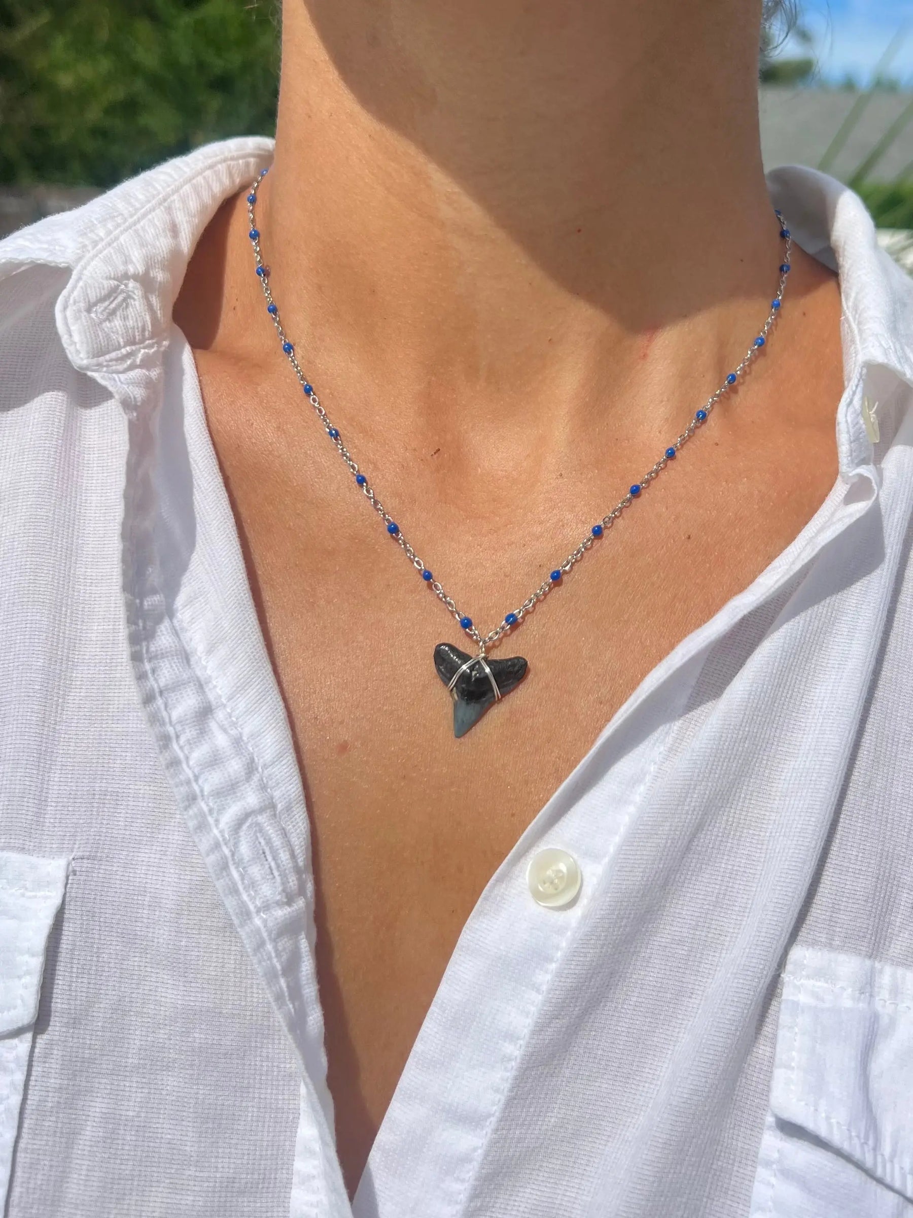 Silver Shark Tooth Necklace - Blue HALT