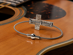 Silver Hammered Cross Guitar String Bracelet by N Harmony Jewelry, handmade jewelry detail photo 5