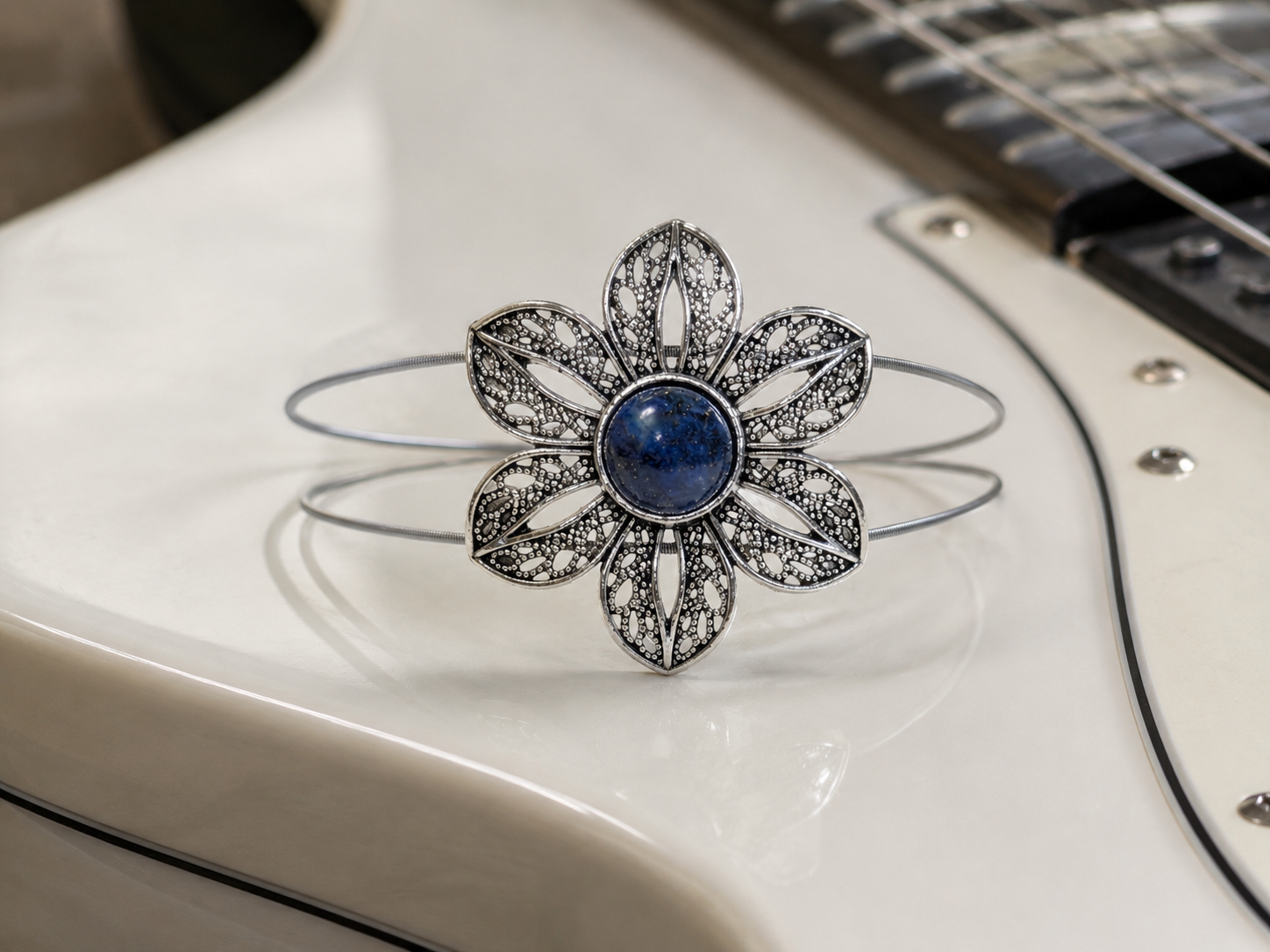 Lapis flower guitar string bracelet detail