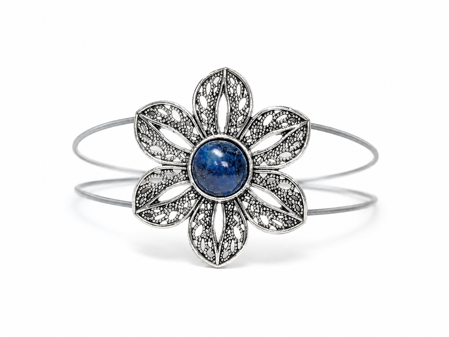 Silver guitar string bracelet with lapis flower accent