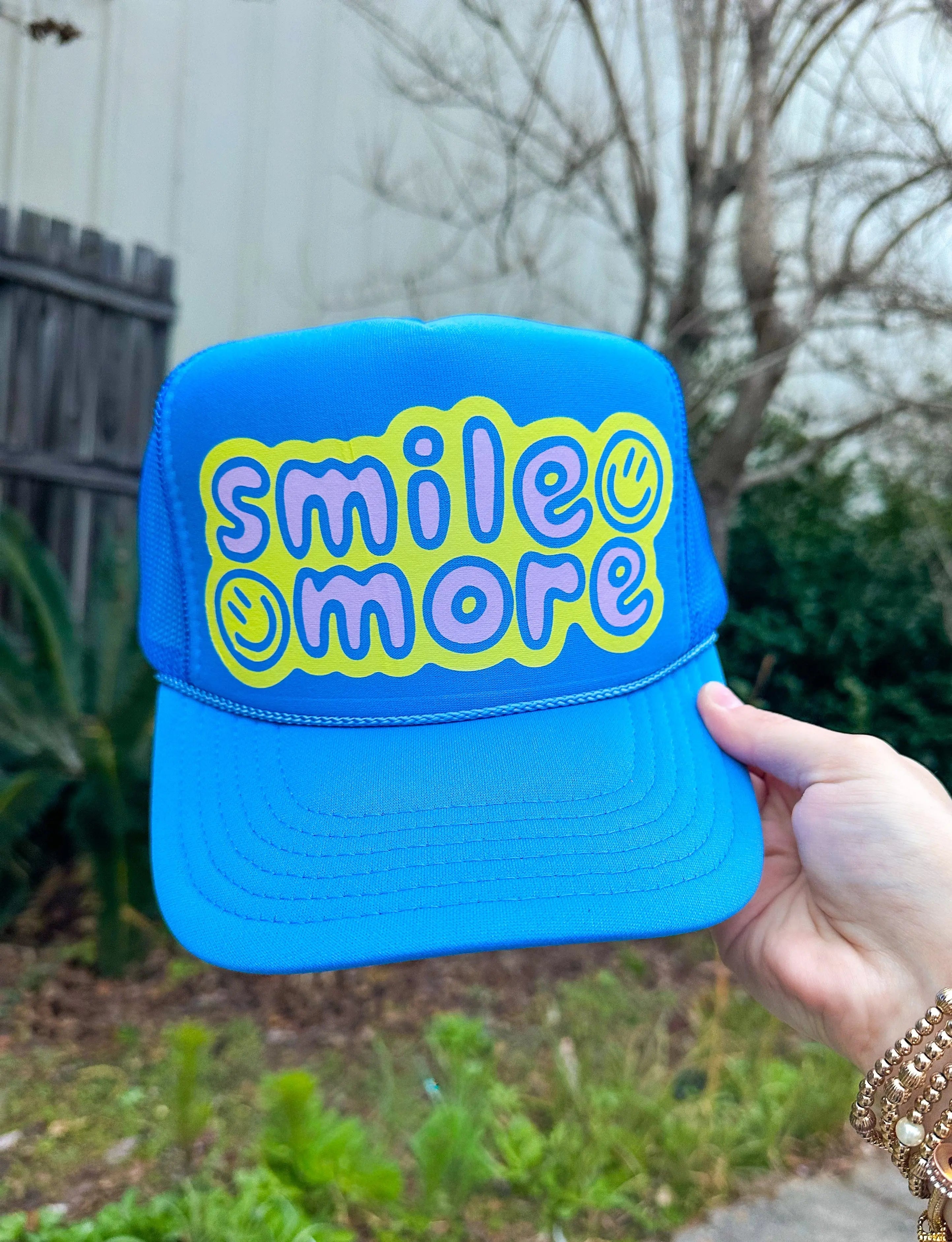 Smile More Columbia Blue Trucker by Southern Bliss Company, custom hat main product photo