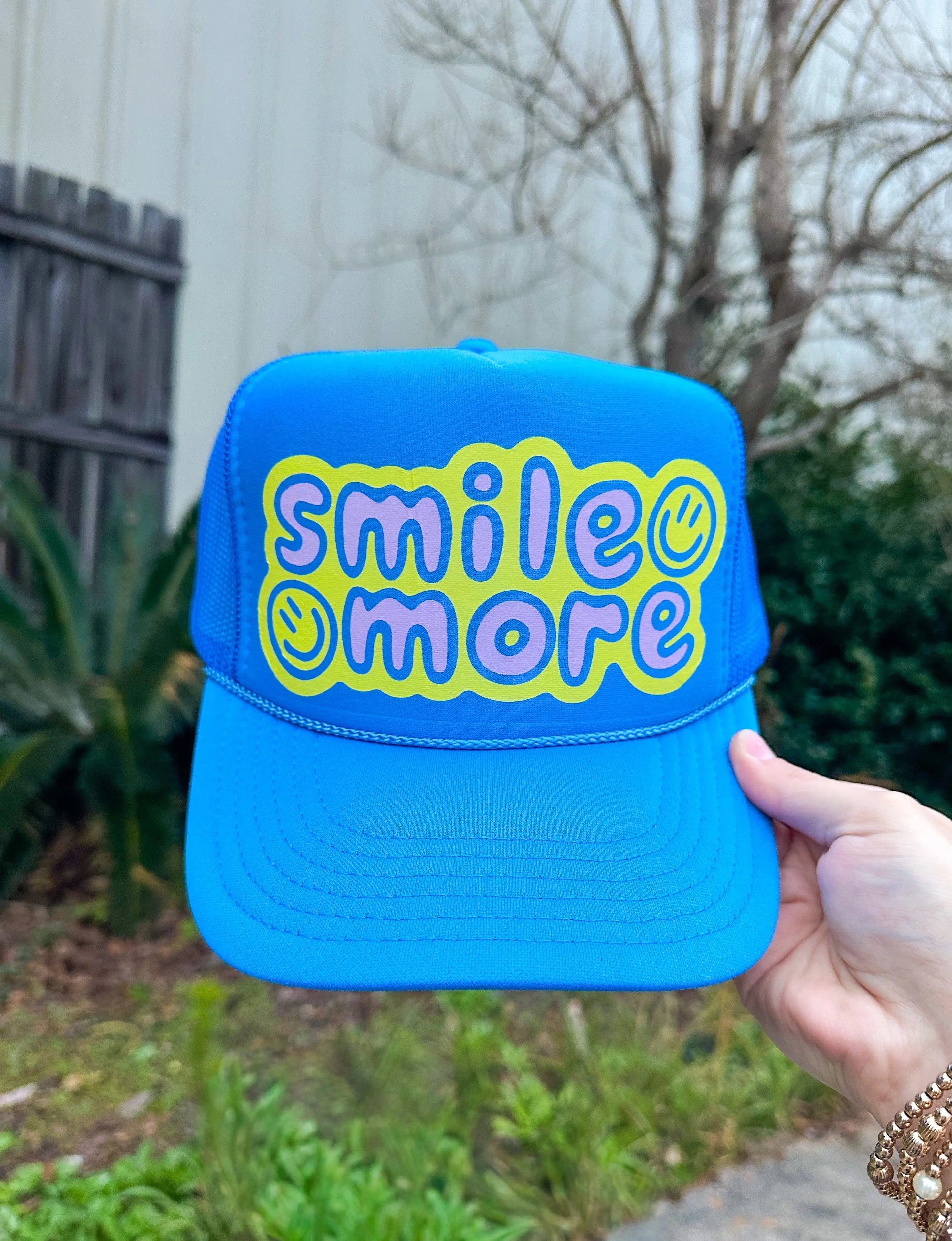 Smile More Columbia Blue Trucker by Southern Bliss Company, custom hat detail photo 2