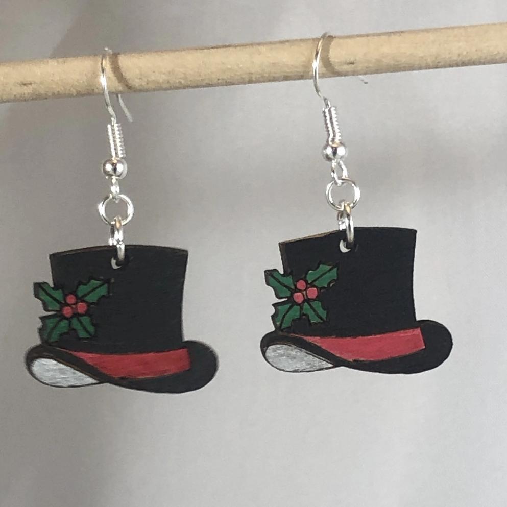 Snowman Top Hat Wooden Dangle Earrings | Christmas Jewelry by Cate's Concepts, LLC, handmade jewelry main product photo