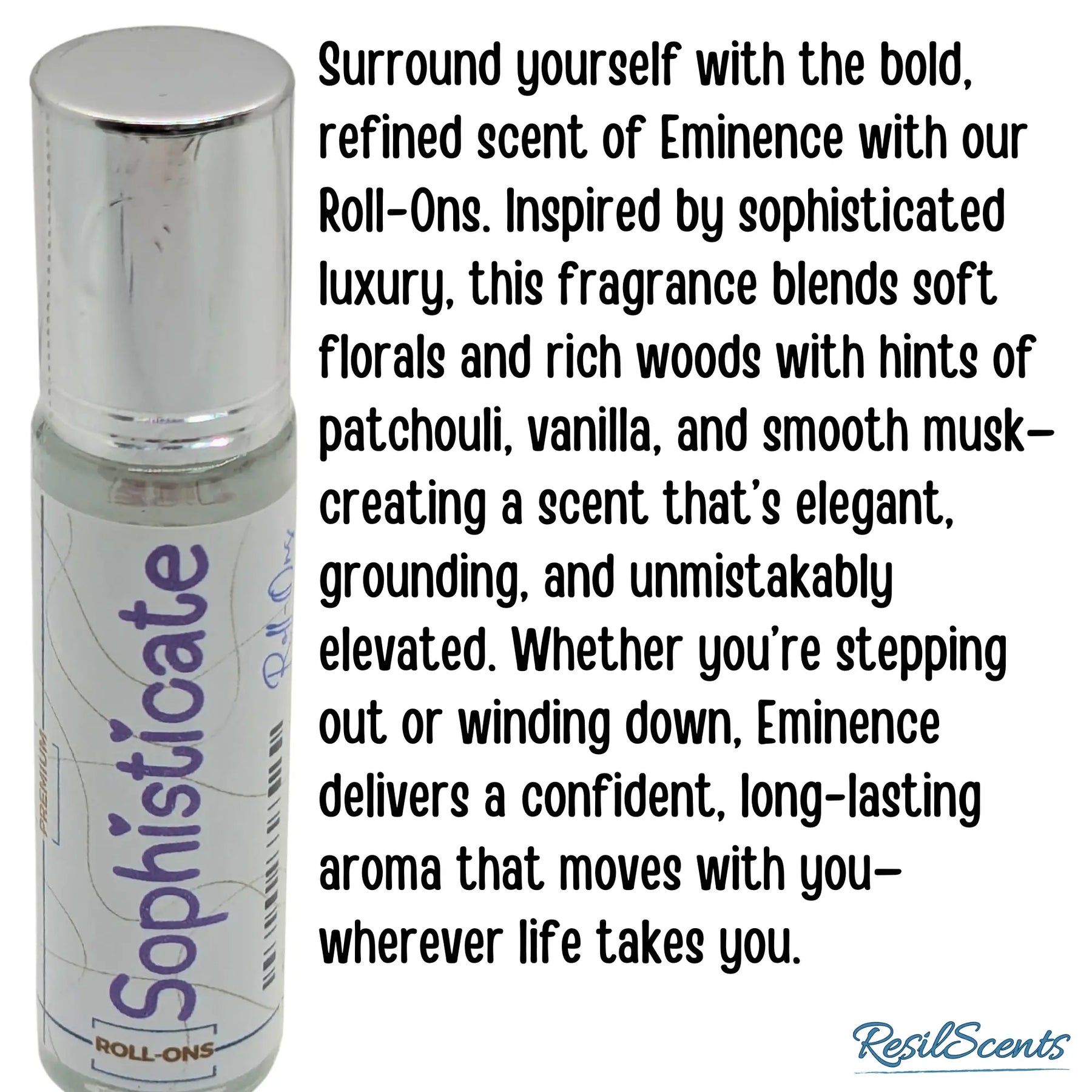 Eminence Sophisticate roll-on oil. Scent description mentions floral, musk and vanilla. ResilScents logo visible.