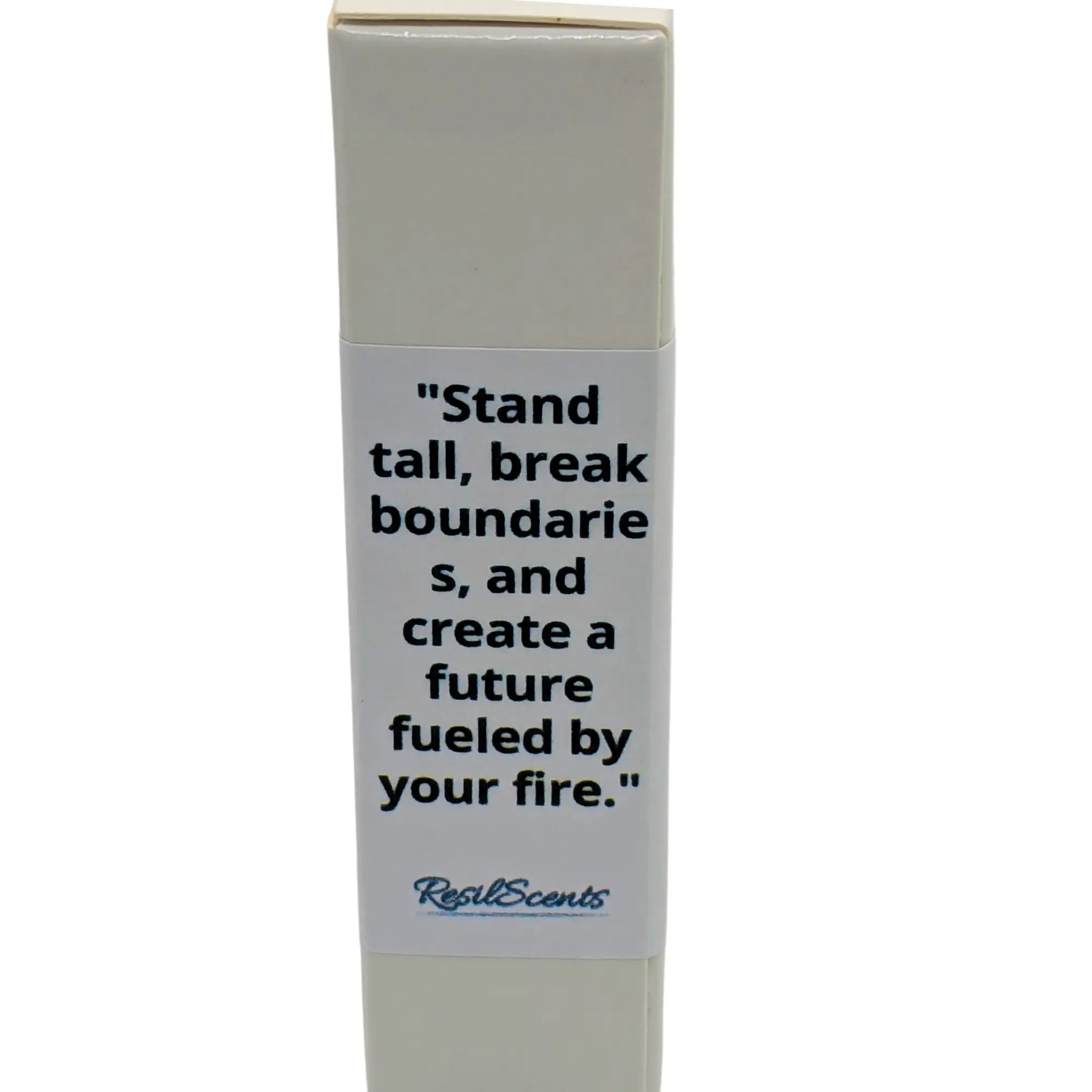 ResilScents box with motivational quote: \"Stand tall, break boundaries, and create a future fueled by your fire.\"