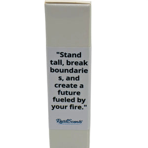 ResilScents box with motivational quote: \"Stand tall, break boundaries, and create a future fueled by your fire.\"