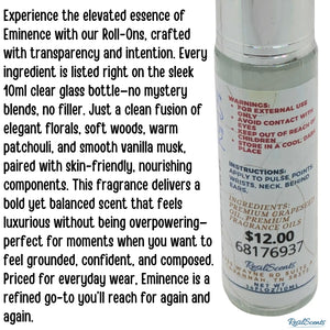 Eminence roll-on fragrance in a clear 10ml glass bottle by ResilScents, showing ingredients and instructions.