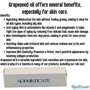 Grapeseed oil benefits for skincare: hydrating, anti-aging, non-comedogenic, soothing, and improves skin elasticity. Sophisticate product shown.