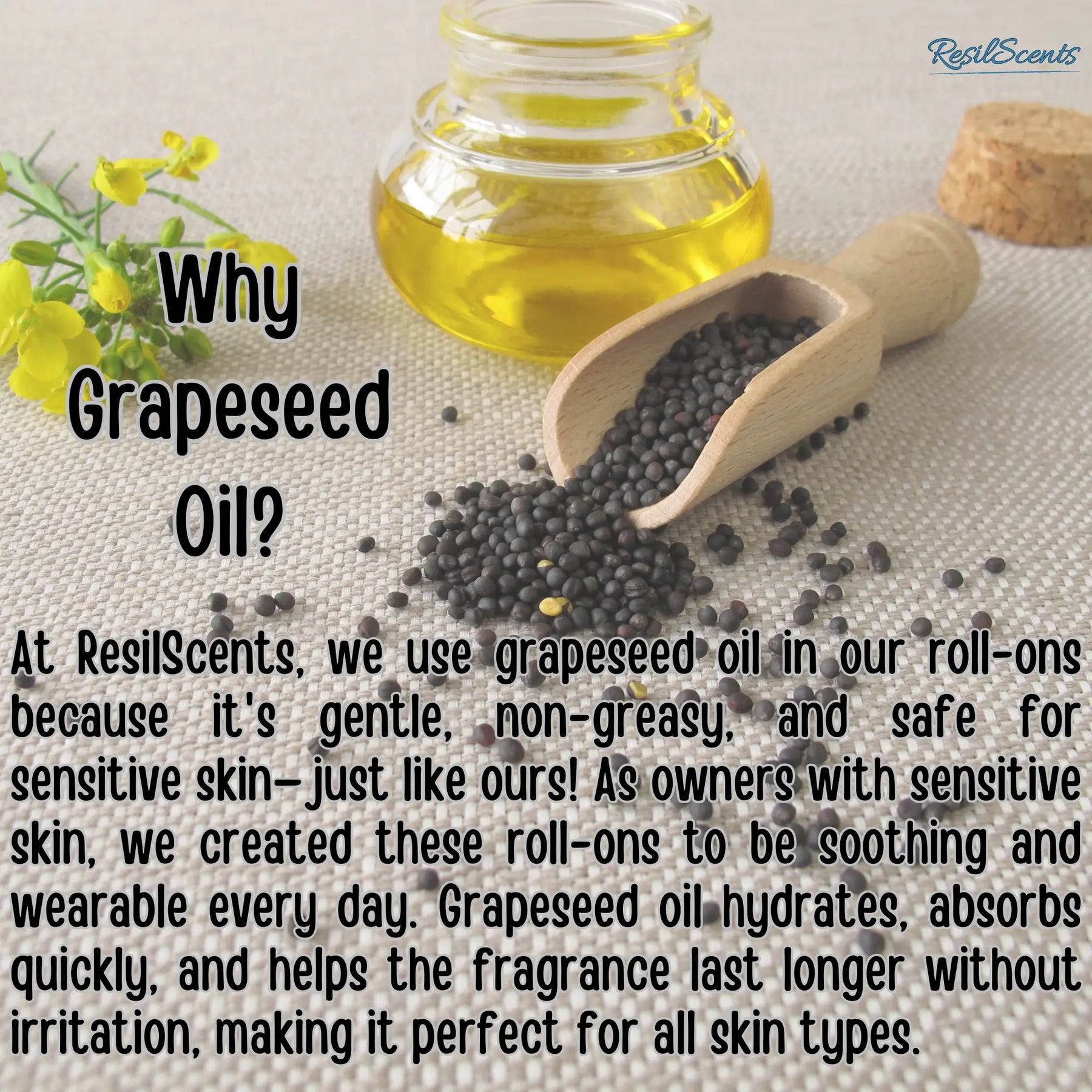 Grapeseed oil in jar with seeds and wooden scoop. ResilScents product image.