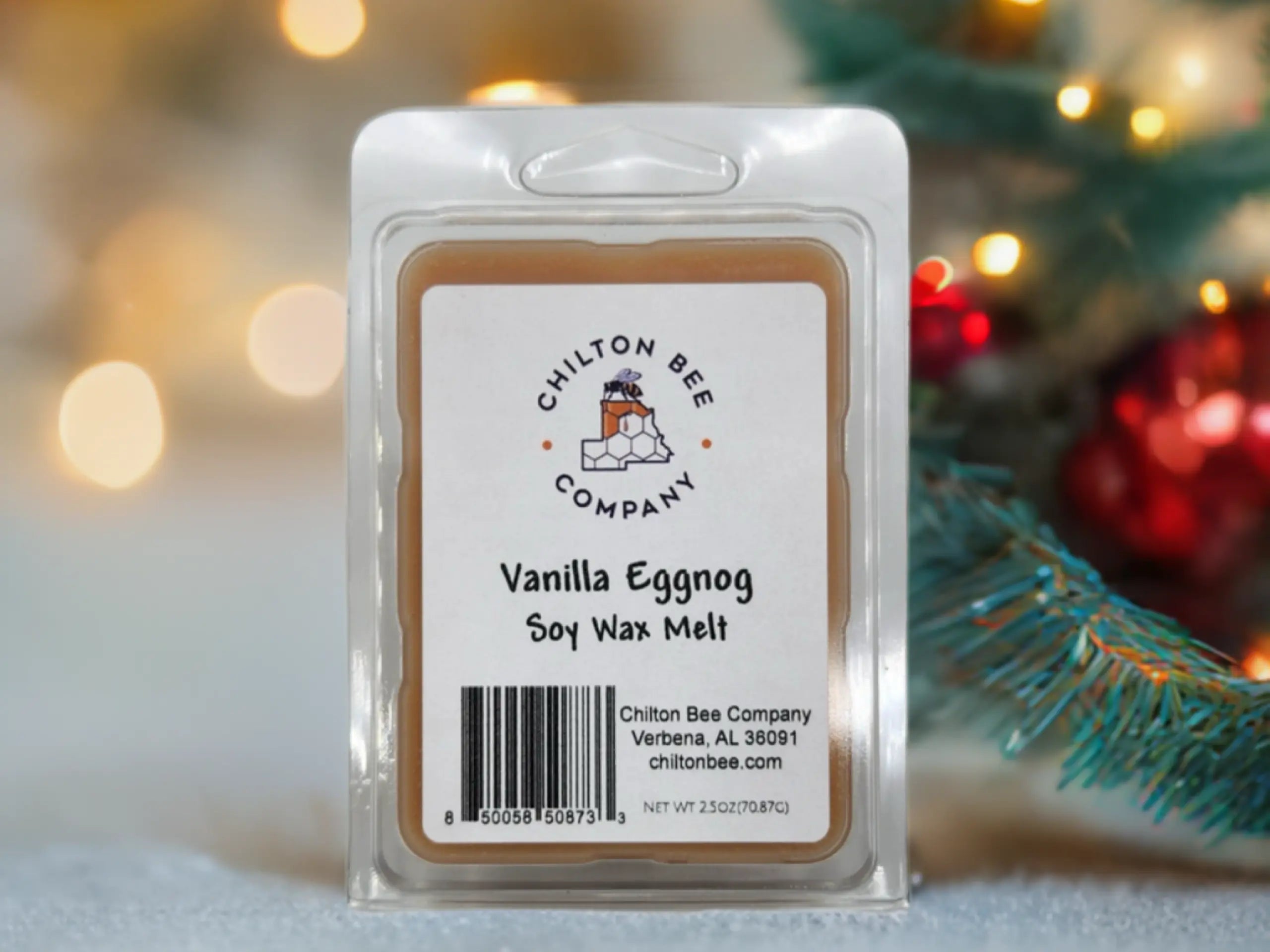 Chilton Bee Company Vanilla Eggnog Soy Wax Melt in clear plastic packaging with a barcode and product information label.