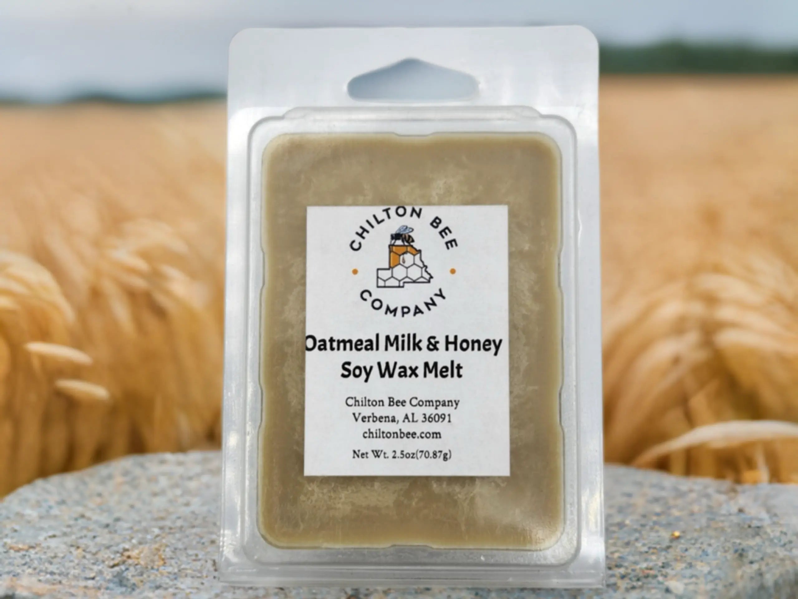 Chilton Bee Company Oatmeal Milk & Honey soy wax melt in clear packaging.