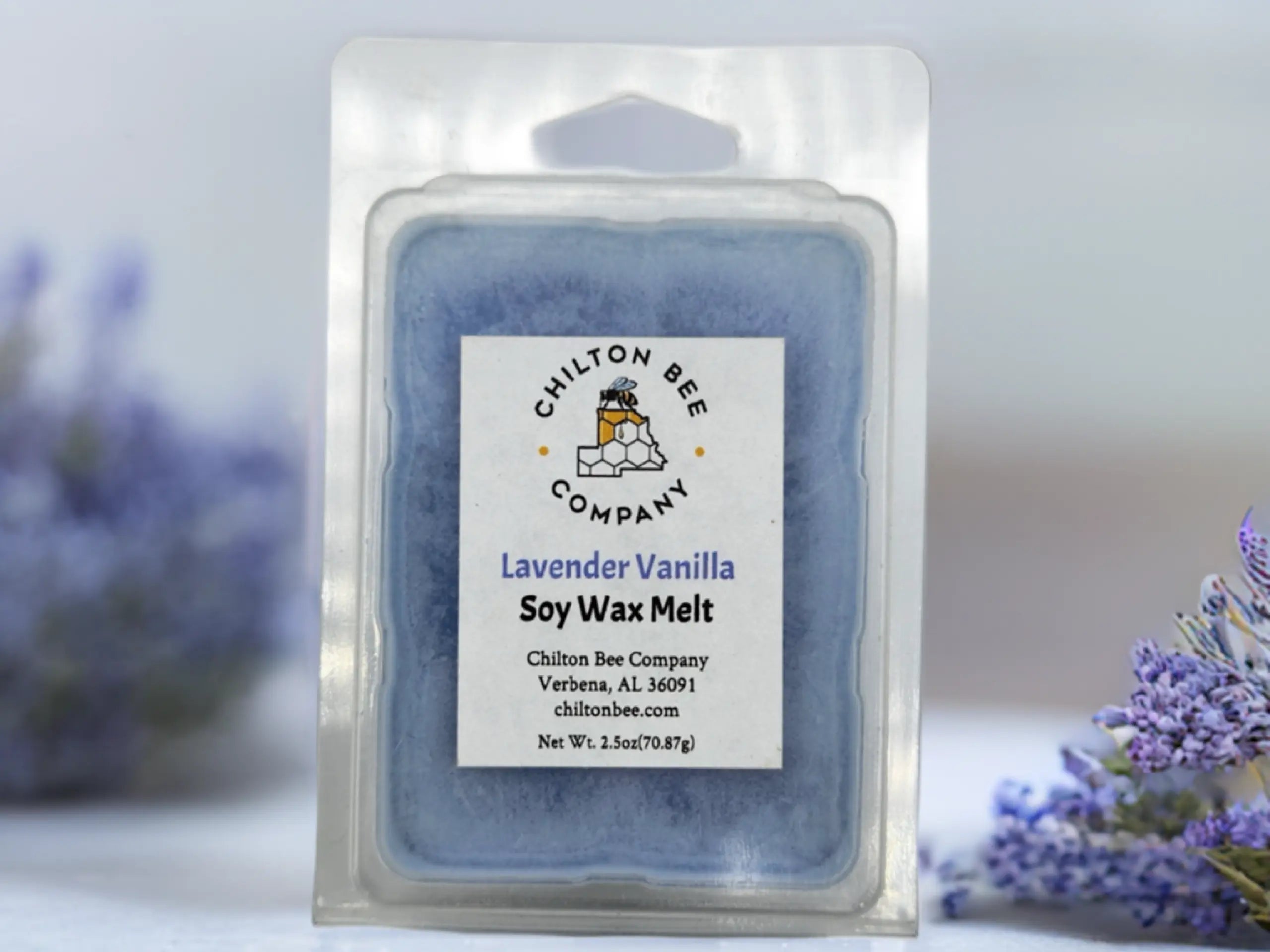 Chilton Bee Company Lavender Vanilla Soy Wax Melt in Plastic Clamshell Packaging.