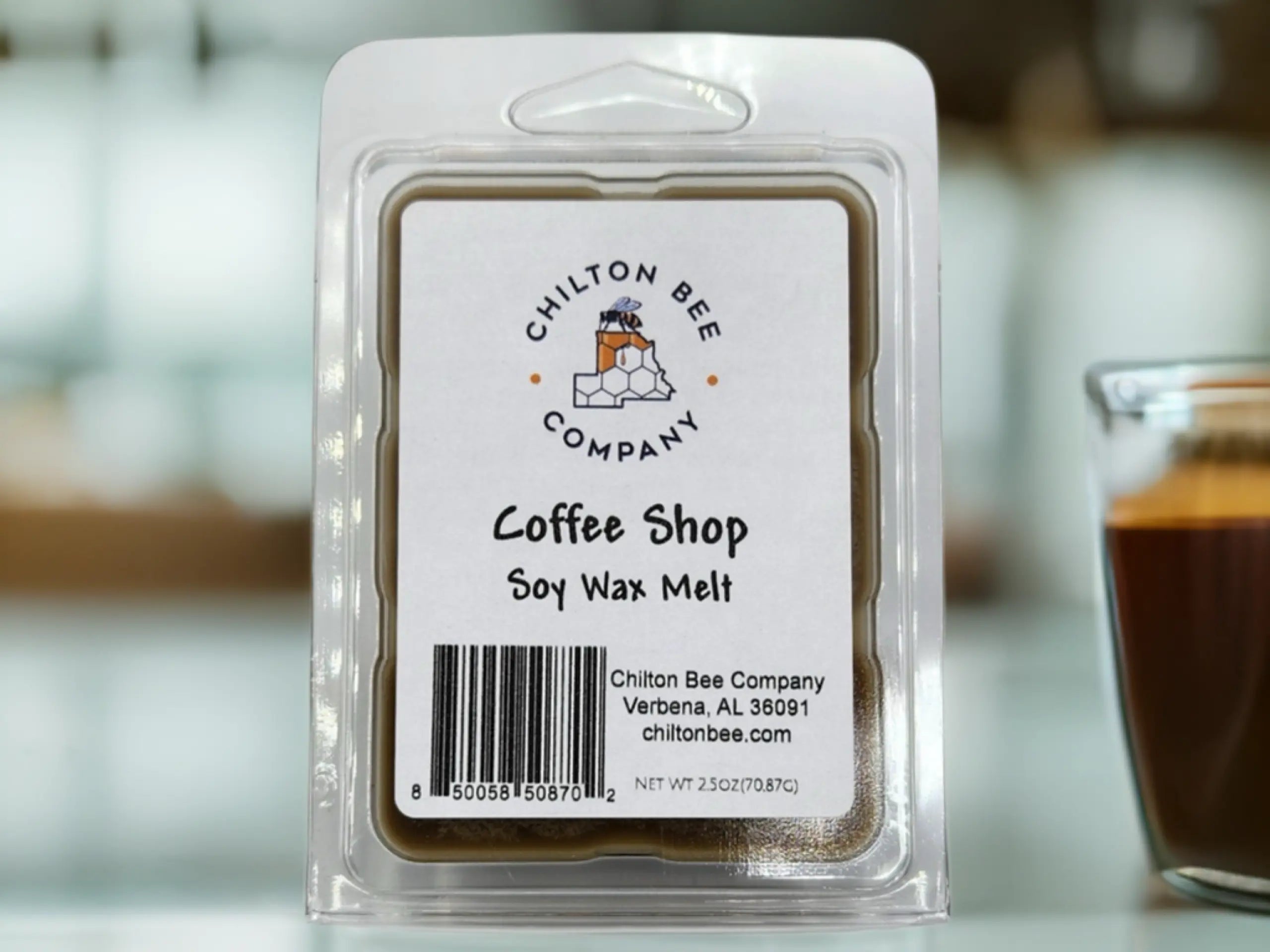Chilton Bee Company Coffee Shop Soy Wax Melt in clear plastic packaging with a barcode and product information label.