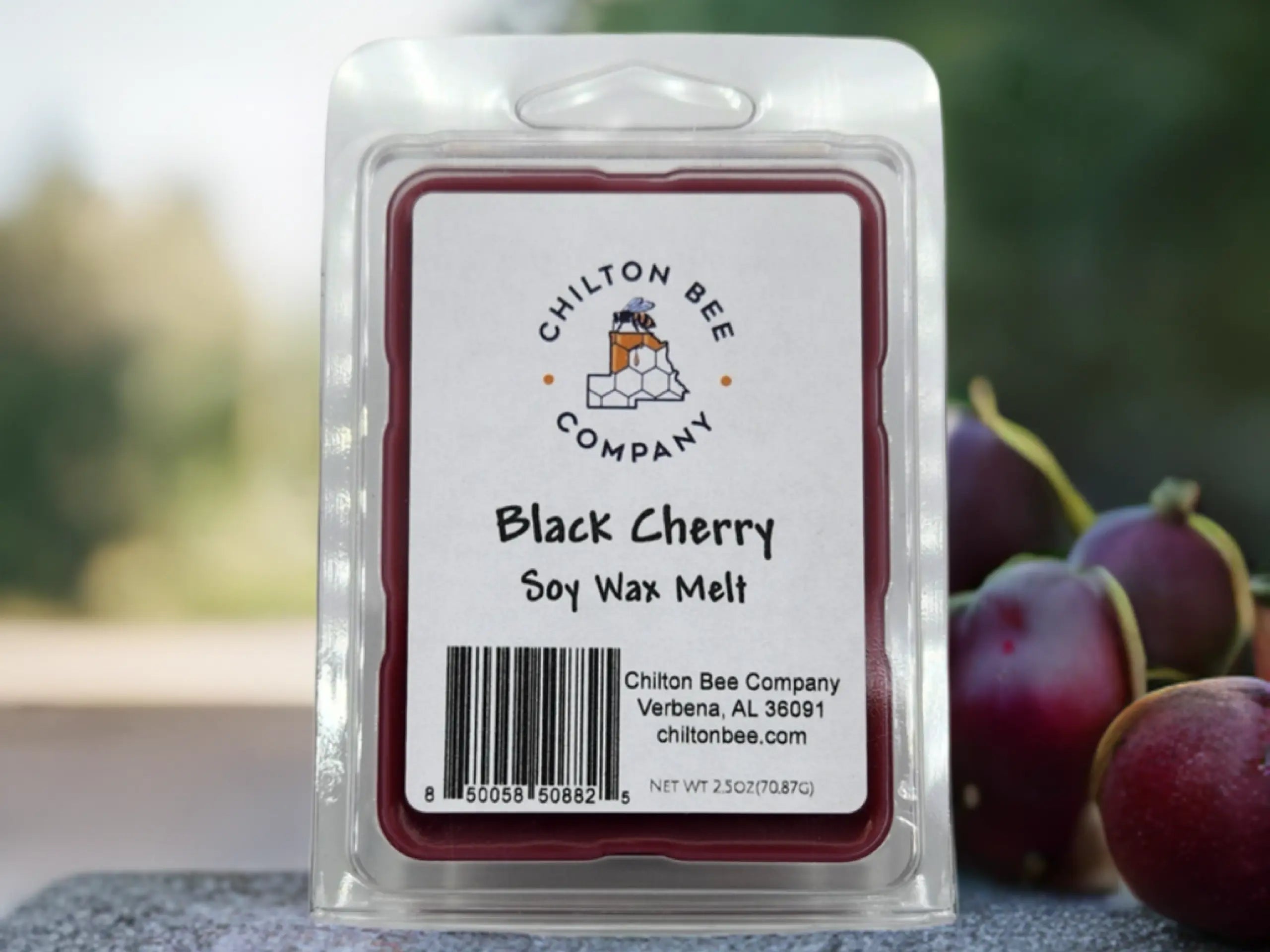 Chilton Bee Company Black Cherry soy wax melt in clear plastic packaging with barcode and company information on a white label.