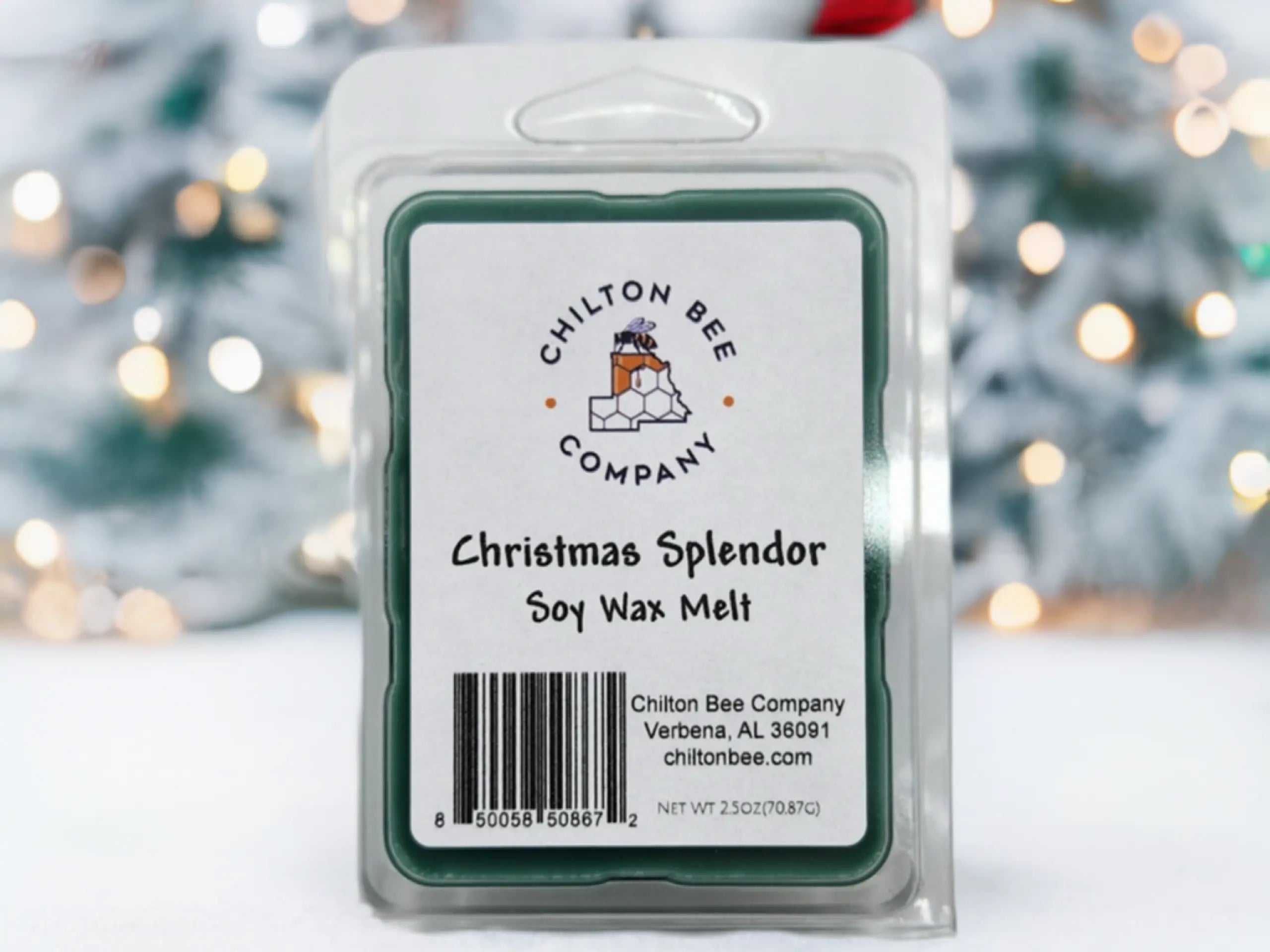 Chilton Bee Company Christmas Splendor Soy Wax Melt in clear packaging with a green label and barcode.