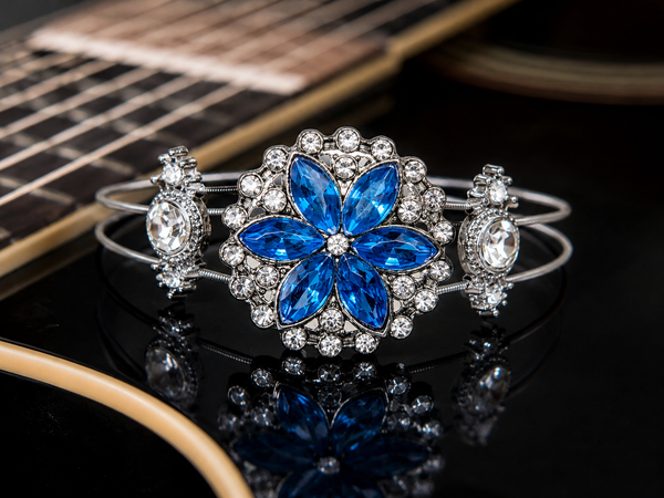 Blue Rhinestone Flower Guitar String Bracelet by N Harmony Jewelry, handmade jewelry main product photo