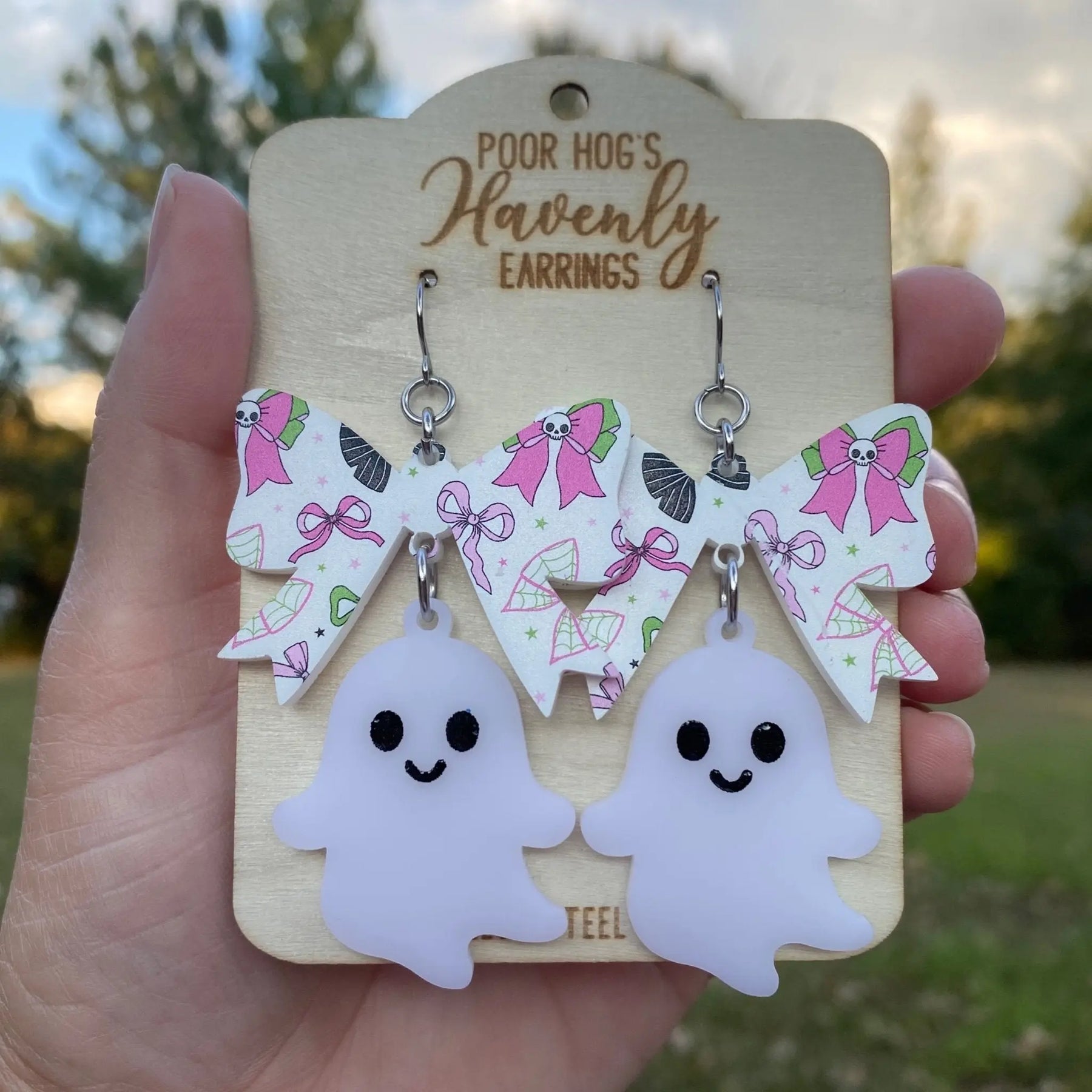 Spooky Cute Ghost Bow Earrings – Halloween Acrylic Dangle Earrings, Handmade Statement Jewelry, Fun Fall Party Gift Poor Hog Customs