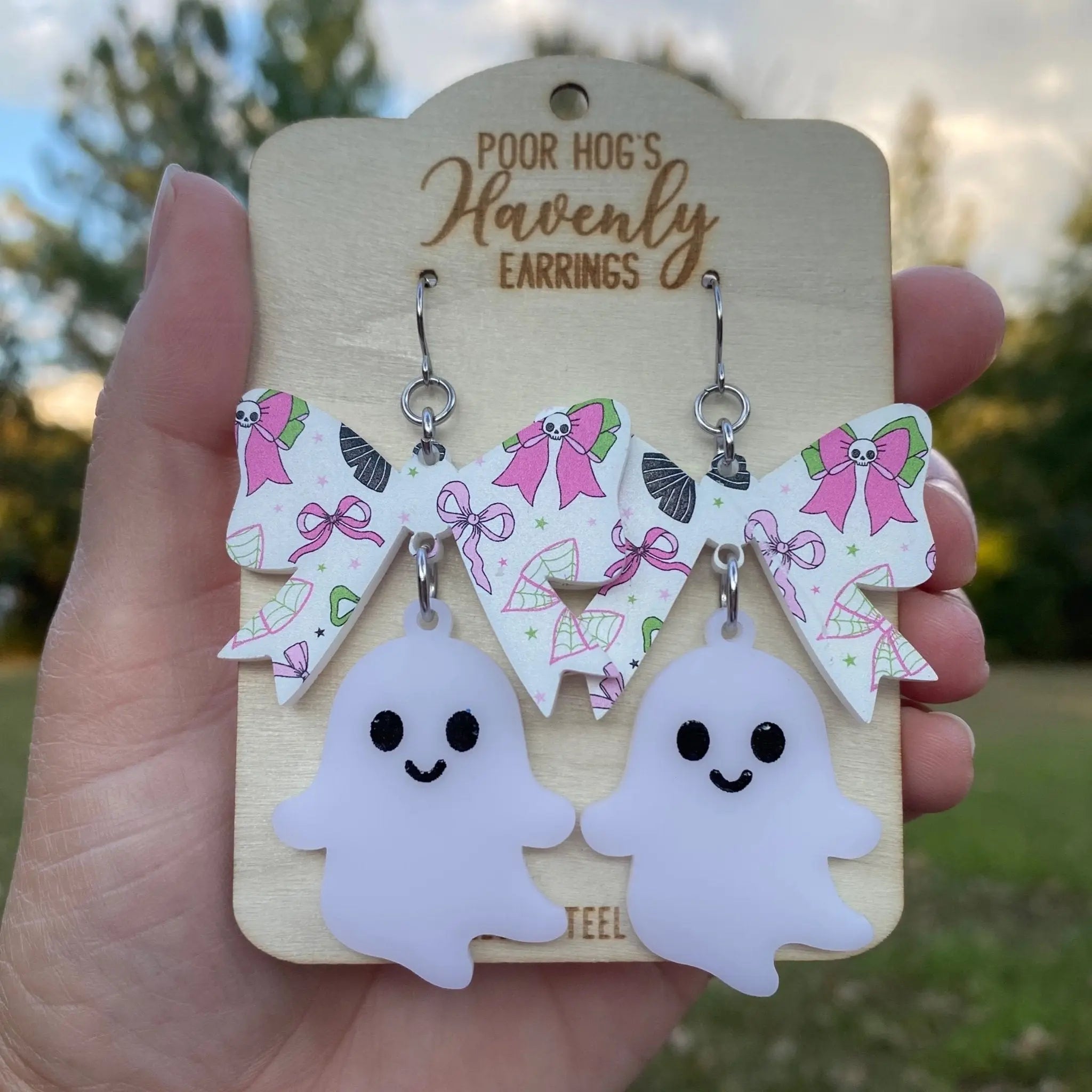 Spooky Cute Ghost Bow Earrings – Halloween Acrylic Dangle Earrings, Handmade Statement Jewelry, Fun Fall Party Gift Poor Hog Customs