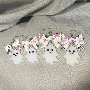 Spooky Cute Ghost Bow Earrings – Halloween Acrylic Dangle Earrings, Handmade Statement Jewelry, Fun Fall Party Gift Poor Hog Customs