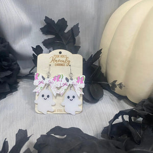 Spooky Cute Ghost Bow Earrings – Halloween Acrylic Dangle Earrings, Handmade Statement Jewelry, Fun Fall Party Gift Poor Hog Customs