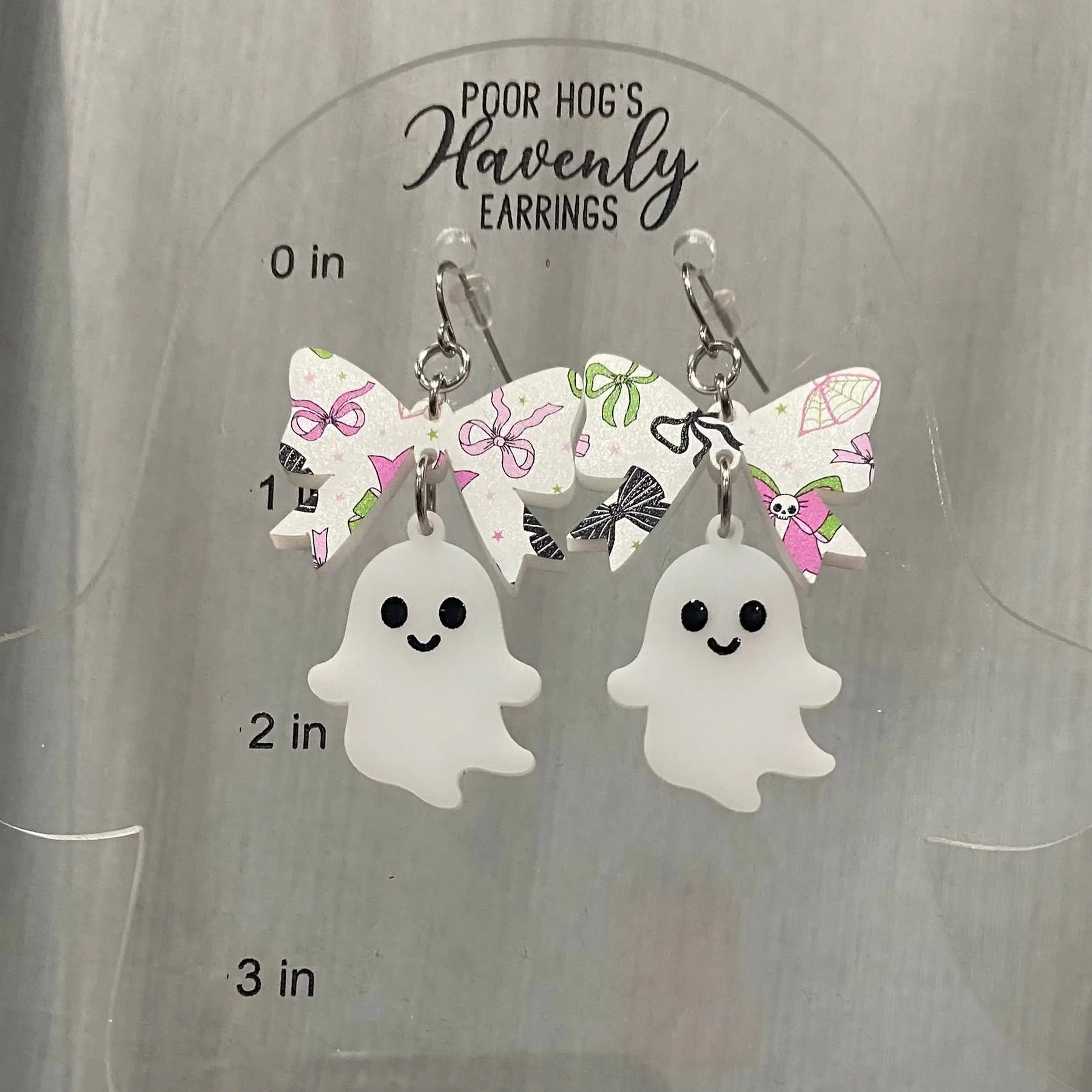 Spooky Cute Ghost Bow Earrings – Halloween Acrylic Dangle Earrings, Handmade Statement Jewelry, Fun Fall Party Gift Poor Hog Customs