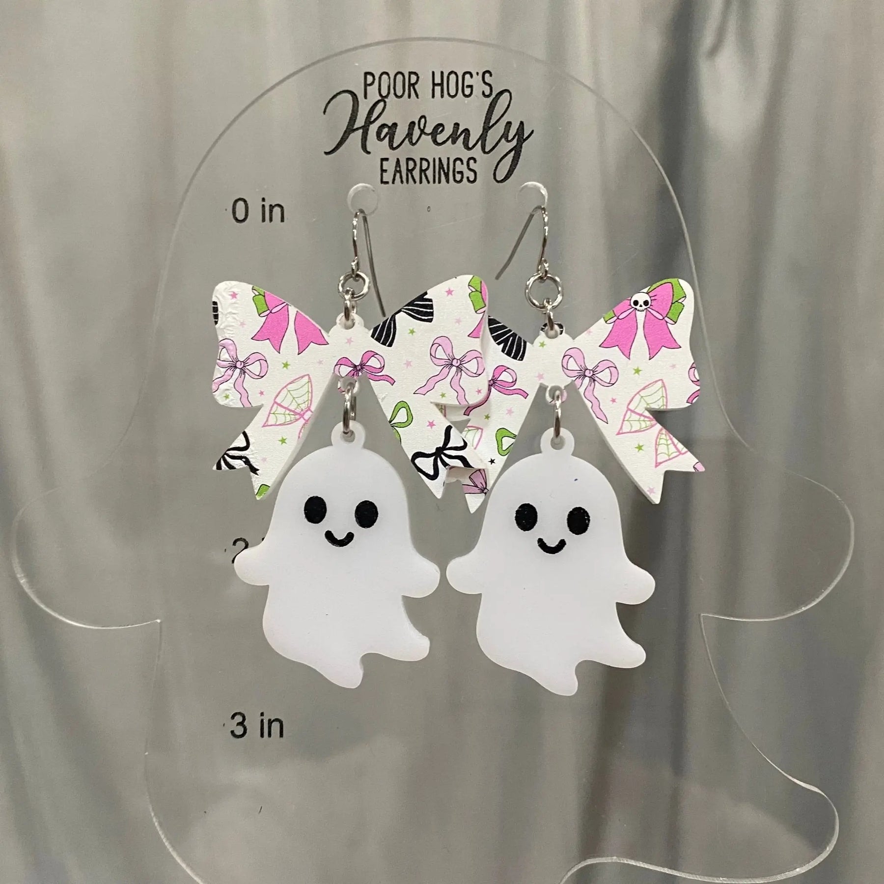 Spooky Cute Ghost Bow Earrings – Halloween Acrylic Dangle Earrings, Handmade Statement Jewelry, Fun Fall Party Gift Poor Hog Customs