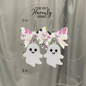 Spooky Cute Ghost Bow Earrings – Halloween Acrylic Dangle Earrings, Handmade Statement Jewelry, Fun Fall Party Gift Poor Hog Customs