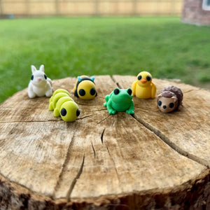 3D printed animal fidget toys: bunny, caterpillar, bee, frog, duck, hedgehog. Sensory toy, fidget toy, spring decor