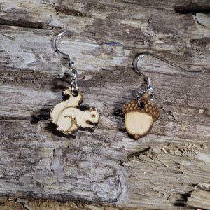 Squirrel and Acorn Wooden Dangle Earrings | Woodland Animal Jewelry