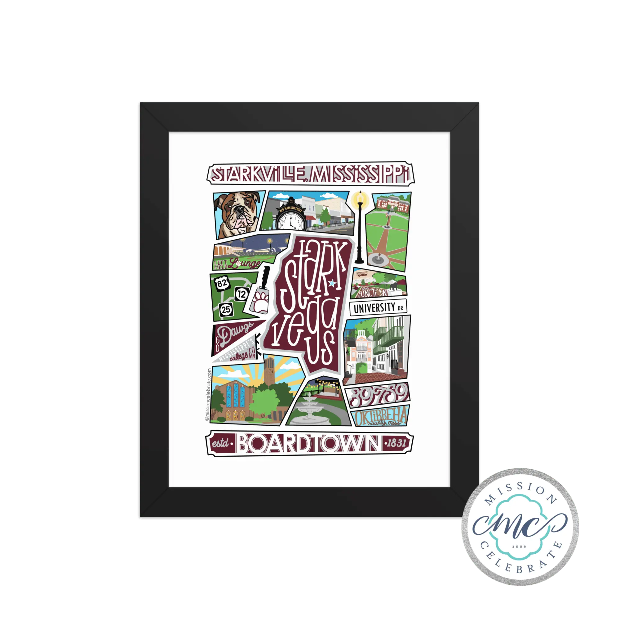 Starkville Mississippi Art Print - Starkvegas Collage Art - Framed Print