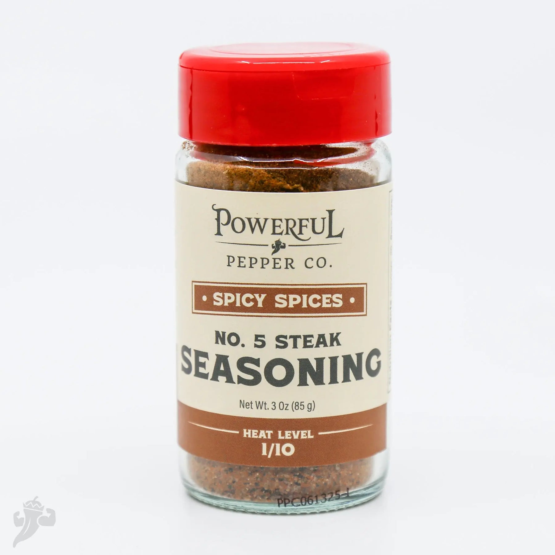 Powerful Pepper Co. spicy steak seasoning with a heat level of 1/10.