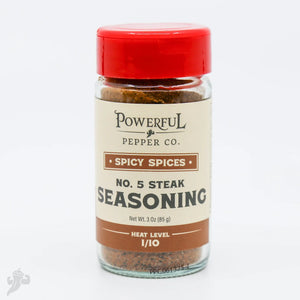 Powerful Pepper Co. spicy steak seasoning with a heat level of 1/10.