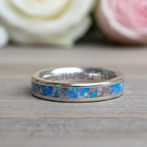 Sterling Silver ring with Opal and cremation ash inlay, a memorial ring design.