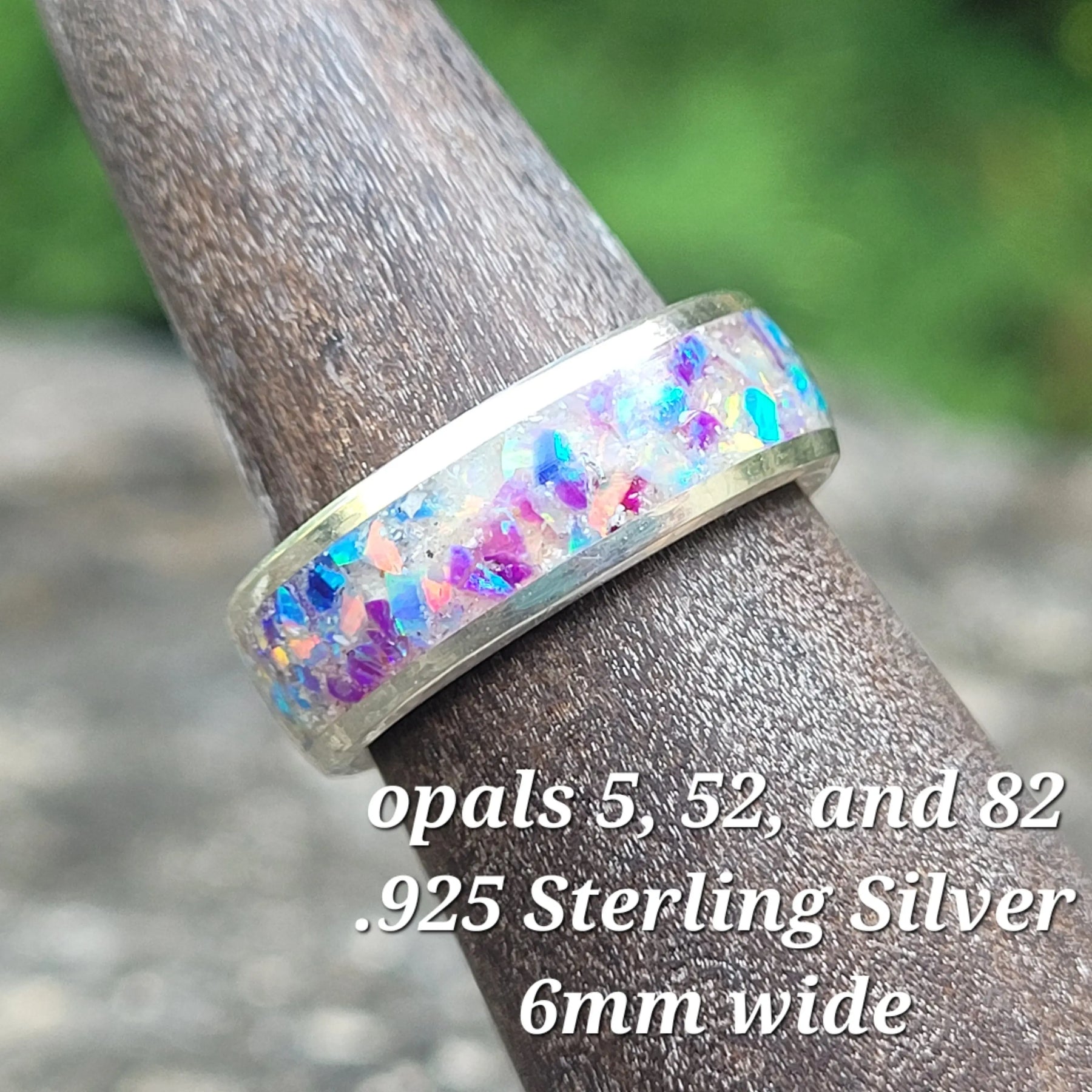Sterling silver ring with opal inlay and ash memorial detail, 6mm wide.