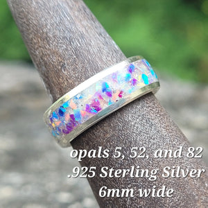 Sterling silver ring with opal inlay and ash memorial detail, 6mm wide.