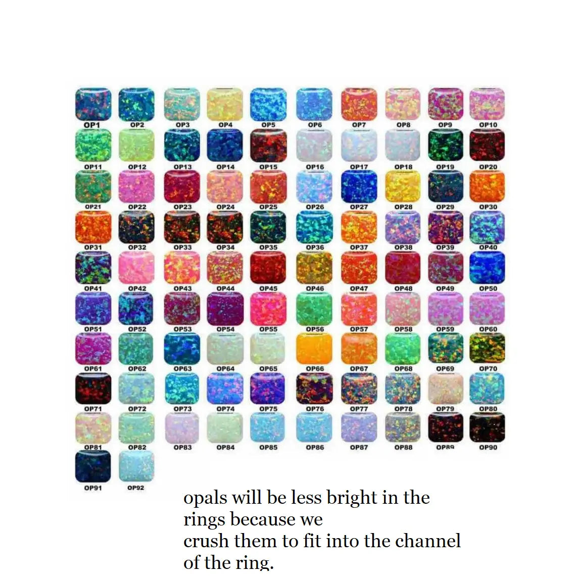 Color chart of 92 square cut opals labeled OP1-OP92.  Each displays a different fire color, showcasing variety for rings and jewelry.