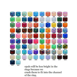 Color chart of 92 square cut opals labeled OP1-OP92.  Each displays a different fire color, showcasing variety for rings and jewelry.