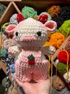 Strawberry Cow Crochet Plushie: Handmade Amigurumi in Overalls - Cute Cow Lover Gift